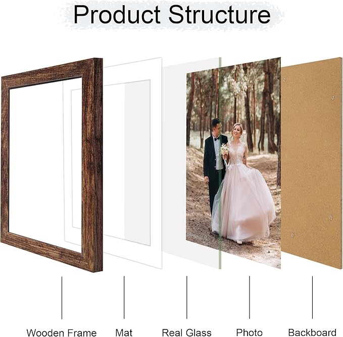 8x12 Picture Frame Set of 4 with High Definition Real Glass, Display 6x8 Pictures with Mat or 8 x 12 Without Mat, Rustic Photo Frames for Tabletop and Wall Mounting