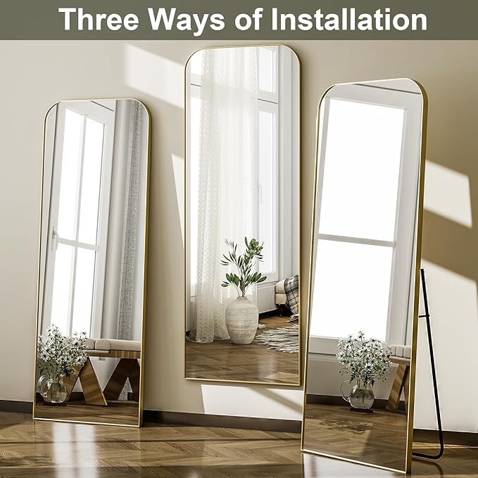 HARRITPURE 57"x20" Full Length Mirror Full Body Mirror Top Rounded Corner Aluminum Frame Hanging or Leaning Wall Floor Mirror with Stand for Living Room Bedroom Cloakroom,Gold
