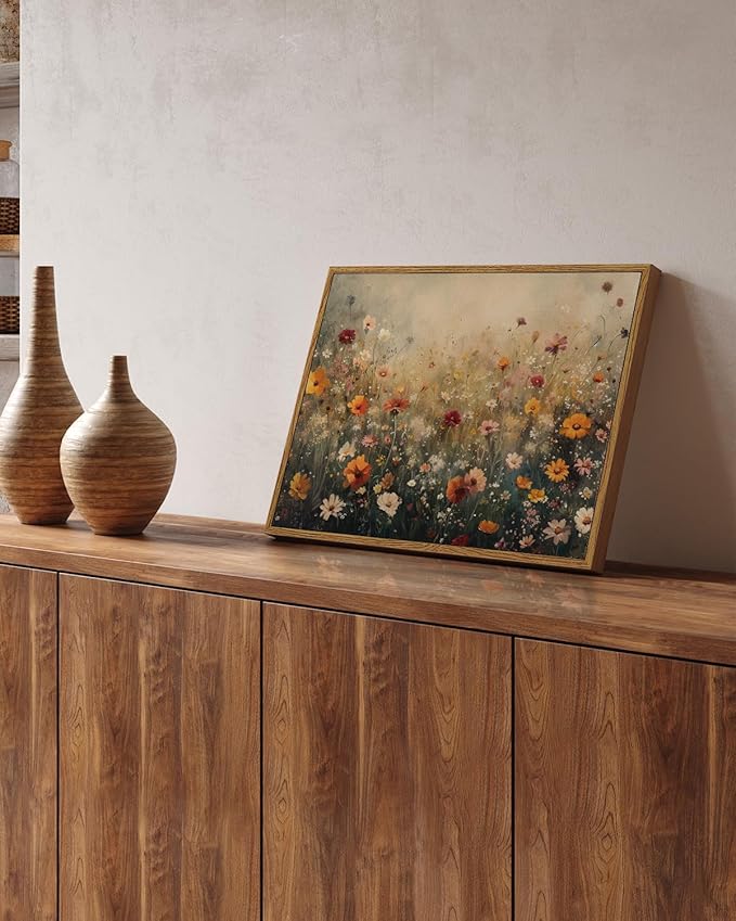 InSimSea Framed Canvas Wall Art Vintage Decor, Wall Decor for Living Room Bedroom Office Bathroom, Nature Landscape Flower Wildflower Oil Painting Prints, Home Desk Decorations, 12x16inch