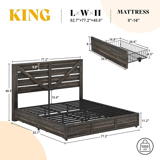 AMERLIFE King Size Farmhouse Bed Frame with 4 Drawers, Wooden Storage Bed Frame with Headboard and Heavy Duty Metal Slats, Noisy Free, Easy Assemble, Rustic Black