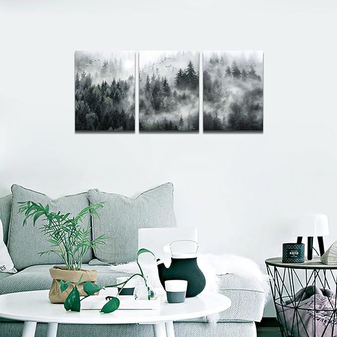 Canvas Wall Art For Living Room Modern Wall Decorations For Bedroom Foggy Forest Trees Landscape Wall Painting Office Wall Decor Canvas Prints Home Decor Ready To Hang Wall Pictures 16"X24"X3 Panels