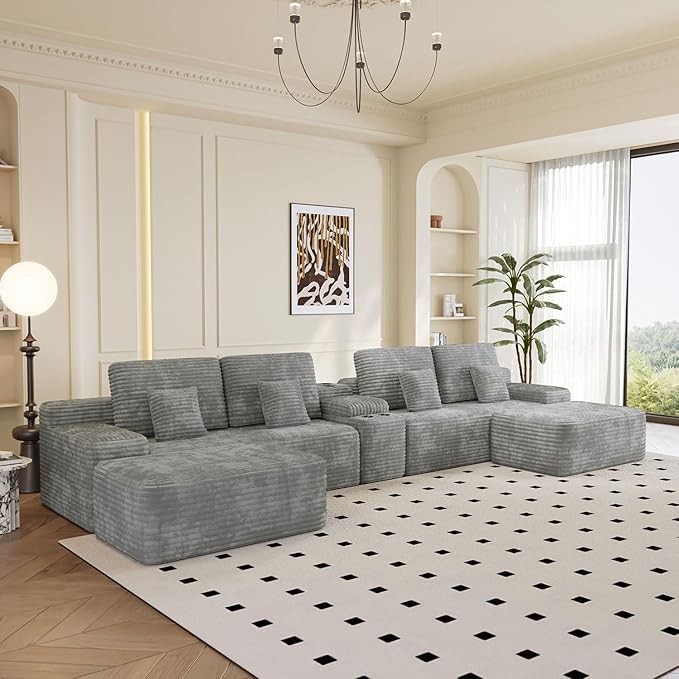 KEIKI 150" U-Shaped Oversized Corduroy Modular Sectional Sofa with 2 Ottomans and Multi Functional Console, 6-Seater Upholstered Couch with USB and 2 Cup Holder, Easy Assembly, for Living Room, Grey