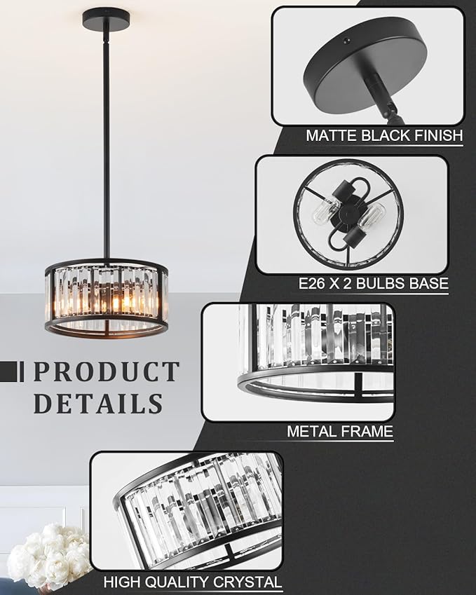Black Flush Mount Ceiling Light, 2- Light Caged Crystal Chandelier, Small Drum Hallway Light fixtures Ceiling Mount (11 INCH Black Pendant Light(2-Light))
