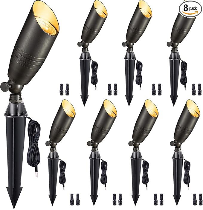 Spot Light Brass - Outdoor Landscape Spotlights LED, 12V Low Voltage Landscaping Uplights Bright, Hard-Wired All Weather Bronze for Backyard Lawn with No Bulbs (8 Pack)