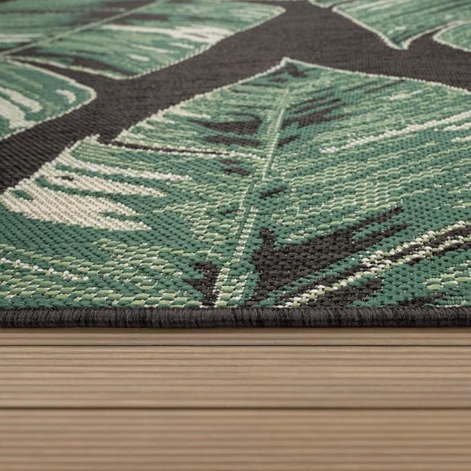 Tropical Outdoor Rug Jungle Leaves Design for Patio in Black Green, Size: 2'8" x 4'11"
