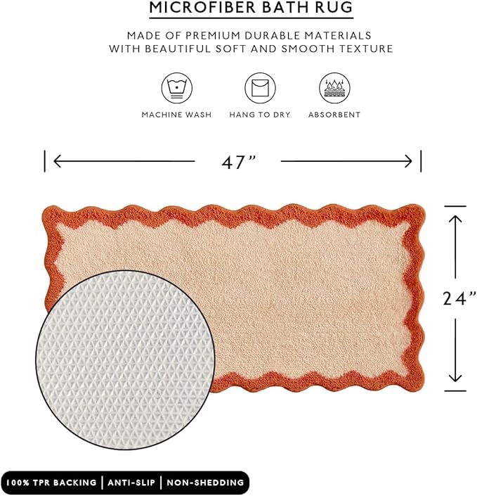 MONDAY MOOSE Bath Mat with Scalloped Wavy Ripple Design, Microfiber Absorbent Non Slip Tufted Rug for Floor, Shower or Kitchen (24x47 inch, Orange)
