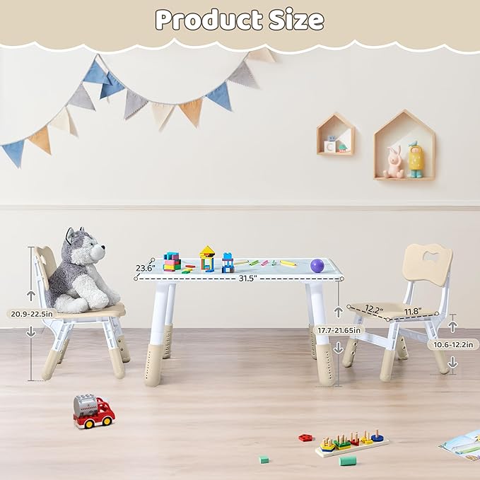 Toddler Table and 2 Chairs Set, Height Adjustable Kids Table and Chairs, 31.5''L x 23.6''W, Marble Pattern & Graffiti Desktop, Children Multi-Activity Table for Home/Daycare/Classroom