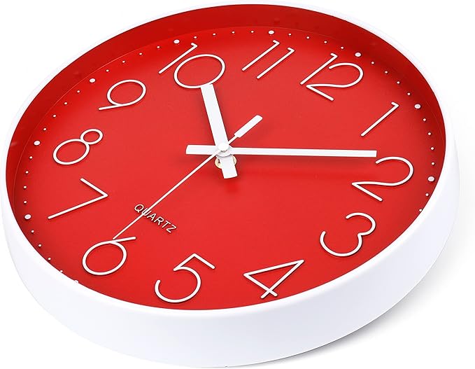 jomparis Red Wall Clock 12 Inch Silent Non-Ticking Battery Operated Quality Quartz Round Wall Clock Modern Decor Clock for Home Bedroom