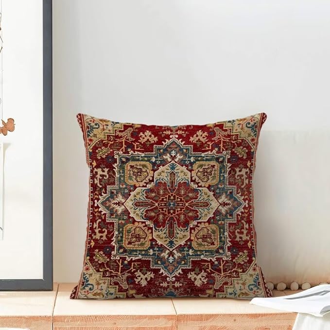 BETGINY Boho Pillow Covers 18 x 18 Inch Pack of 2, Burgundy Red Bohemian Rug Carpet Pattern Decorative Throw Pillow Cases Outdoor Linen Farmhouse Cushion Cover for Bedroom Home Sofa Decor