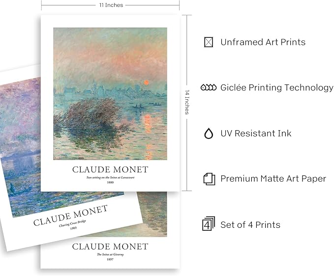 EVOLE HOME Claude Monet Giclée Art Print Set - 4 Unframed 11x14 Inch Impressions on Premium Matte Art Paper Artwork for Living Room Bedroom Dining Room Decor