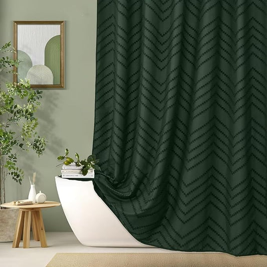 84inch Extra Long Dark Green Boho Shower Curtain Woven Fabric Shower Curtain Tufted Chervon Textured Shower Curtains Minimalist Shower Curtains for Bathroom