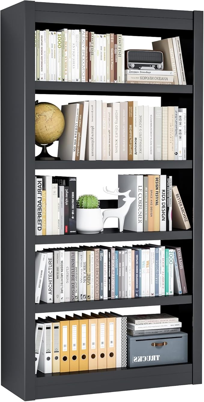5 Tier Metal Bookshelf, 61" Tall Black Bookcase with Bookends, Adjustable Storage Shelves, Modern Book Case for Small Spaces, Living Room, Office, Bedroom, Kitchen, Bathroom