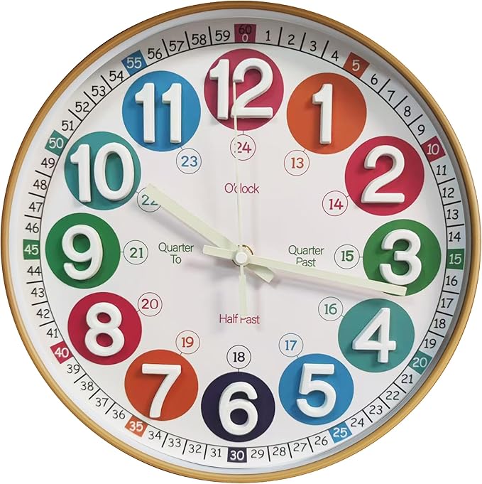 Learning Time Clock for Kids,12 Inch 3D Numbers Colorful Clock Face Silent Clocks，Bedroom,Kitchen,Classroom,Décor at School, Clear Digital Wall Clock for Kids Room (3D Wood Color Luminous)