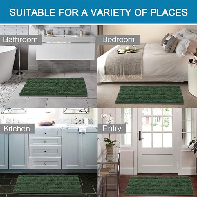 H.VERSAILTEX Bathroom Rugs Bath Mats Sets Super Absorbent Chenille Striped Bath Mats Non Skid Machine Wash Dry Rugs for Bathroom Floor Set of 2(Bronze Green, 24 x 36 Plus 20 x 32 - Inches)