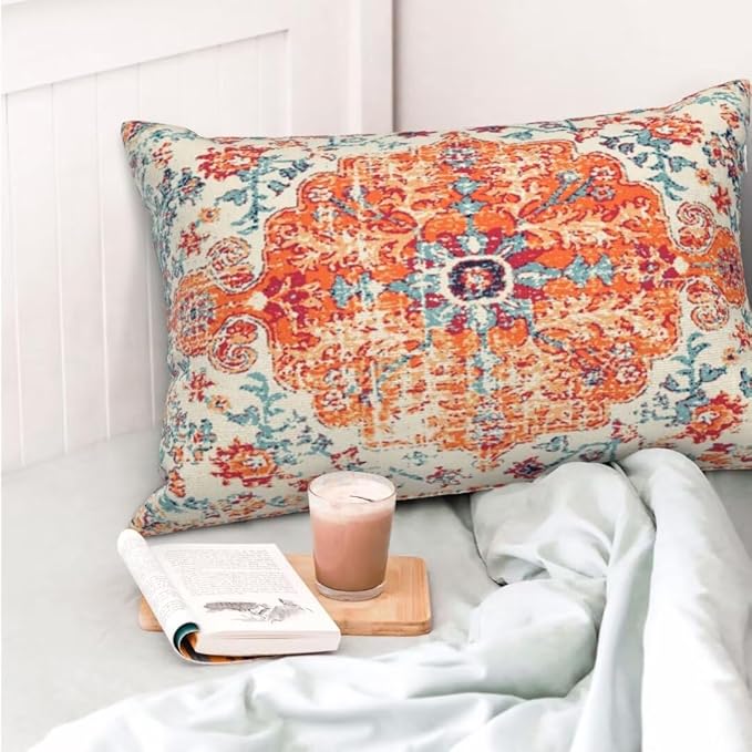 Boho Throw Pillow Covers 12 x 20 Set of 2, Orange Blue Ethnic Design Pillow Covers Farmhouse Carpet Pattern Rustic Cushion Cases Decorative Gifts for Couch Sofa Indoor Outdoor