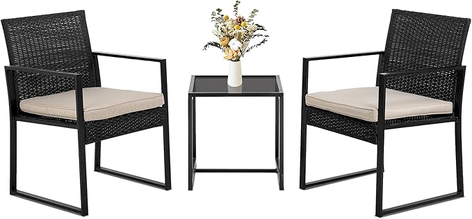 FDW | 3-Piece Patio Furniture Set | Khaki |Outdoor Wicker Furniture with Coffee Table | Modern Rattan Chairs Conversation Set | Outdoor Seating | Weather-Resistant | for Porch, Garden, Lawn