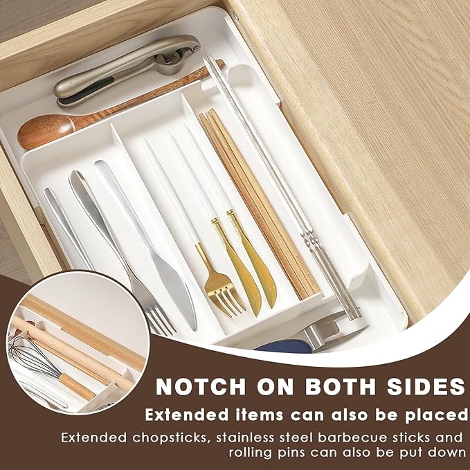 Expandable cutlery drawer organizer, silverware drawer organizer, freely adjustable large kitchen utensil tray with partitions, large adjustable plastic cutlery tray for knives, forks, spoons, white
