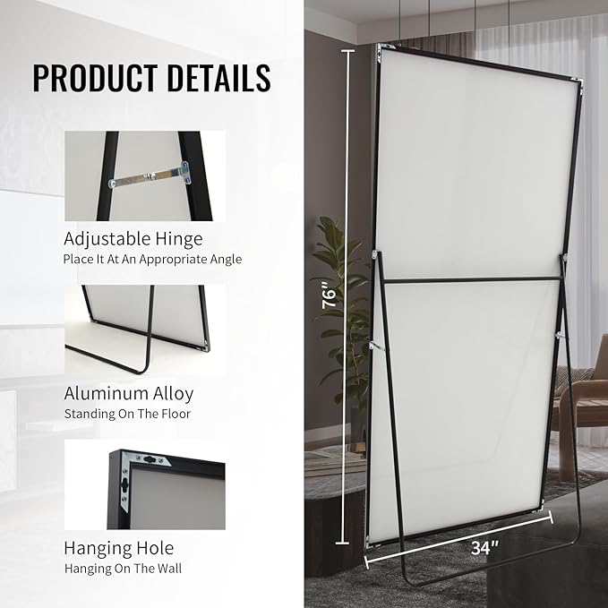 Beauty4U 76" x 34" Large Full Length Mirror with Stand, Black Wall Mounting Full Body Tempered Mirror, Metal Frame Full-Length Mirror for Living Room, Bedroom