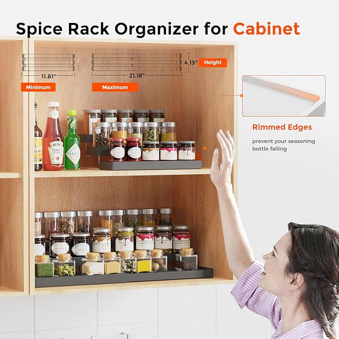 2 Pack Expandable Spice Rack Organizer for Cabinet - 3 Tier Adjustable Cabinet Spice Organizer Easy Visibility - Spice Organizer for Cabinet Countertop Cupboard Pantry Organization (Black)