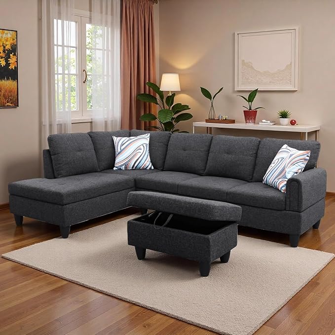 L-Shaped Sectional Sofa with Movable Chaise & Storage Ottoman, Lounge 3-Piece Modular Convertible Couches for Living Room, Apartment & Office, Black Grey