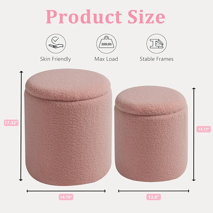 Round Ottoman with Storage Set of 2-Upholstered Sherpa Vanity Stool for MakeupMultifunctional Ottomans Coffee Table Padded Seat Foot Rest for LivingRoom&Bedroom(Sherpa Pink)