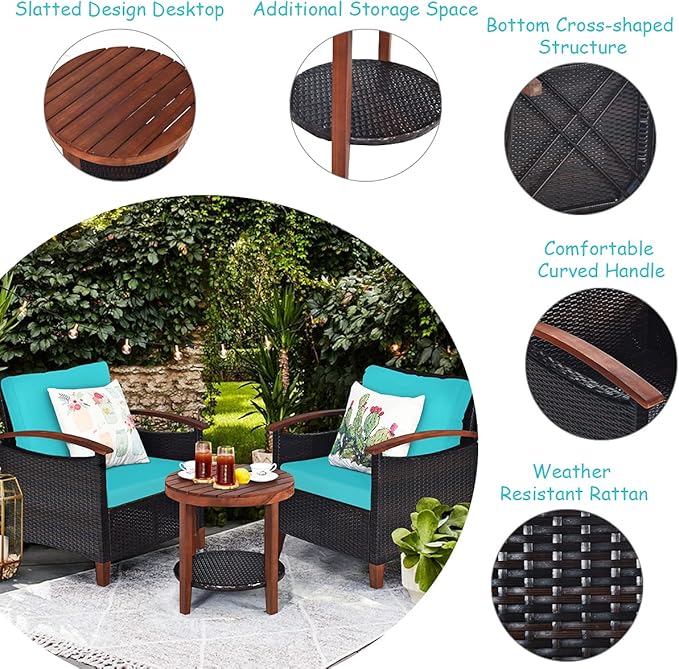 Tangkula 3 Pieces Patio Furniture Set, Outdoor Rattan Sofa and Side Table w/Solid Acacia Wood Frame, High Load Bearing Conversation Bistro Set w/Washable and Removable Cushions (Turquoise)