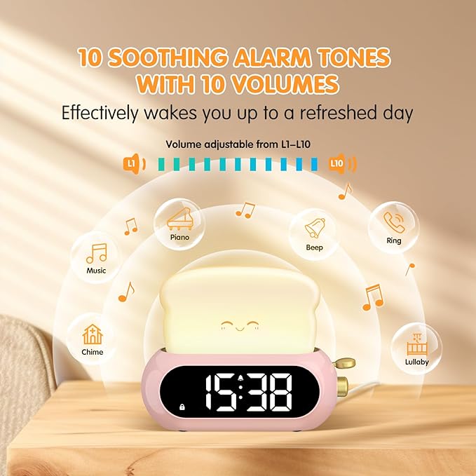 Cute Digital Clock for Bedrooms, Kids Alarm Clocks with Night Light Lamp, 10 Alarm Tones, Adjustable Brightness, Nap Timer, Snooze, Power-off Memory, Bedside Clocks for Girls Kids Teens Birthday Gifts
