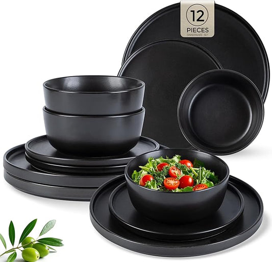 AmorArc Stoneware Dinnerware Sets for 4,Reactive Ceramic Plates and Bowls Set,Highly Chip and Crack Resistant | Dishwasher & Microwave Safe | Round Dishes Set Service for 4 (12pc)