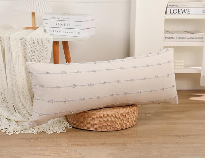 Long Lumbar Throw Pillow Cover 14x36,Stripe Pattern Cotton Grey Boho Extra Long Decorative Pillow Cover Pillow Case Cushion Cover for Bed Sofa Couch Farmhouse,Skinny Modern Accent