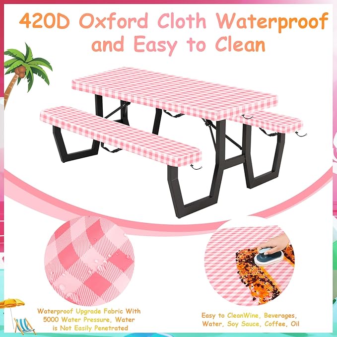 33" L x 20" W x 3" H Pink Grid Picnic Table Cover for Kids, Fitted Tablecloth for Outdoors Vinyl Waterproof Cloth for Camping Home Goods Indoor Outdoor Patio BBQ