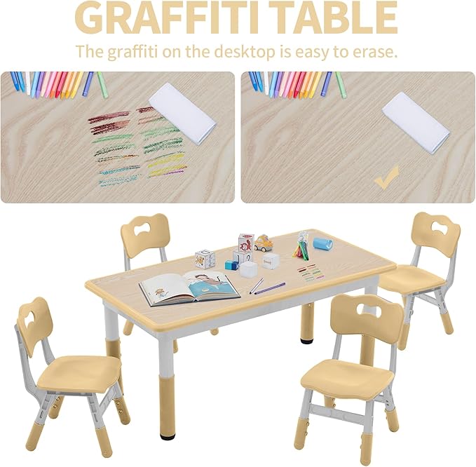 Toddler Table and Chairs Set for 4, 47.2''L x 23.6''W Kids Study Table and Chair Set, Height-Adjustable, Graffiti Desktop, Children Activity Table for Daycare, Classroom, Home