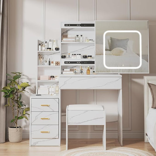 Vanity Desk With Mirror and LED Lights, Makeup Vanity Desk With Sliding Mirror, Power Outlet, 3 Color Adjustable Light, Dressing Table With 4 Drawers, Storage Shelves & Stool for Bedroom, Marble-White