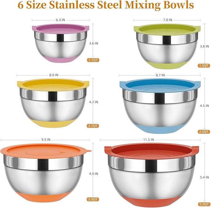 Mixing Bowls with Lids Set, 6 Piece Stainless Steel Nesting Storage Bowls for Kitchen, with 3 Grater Attachments & Non-Slip Bottoms, Size 5.5,3.5,2.5,2.1,1.5,1.1 QT