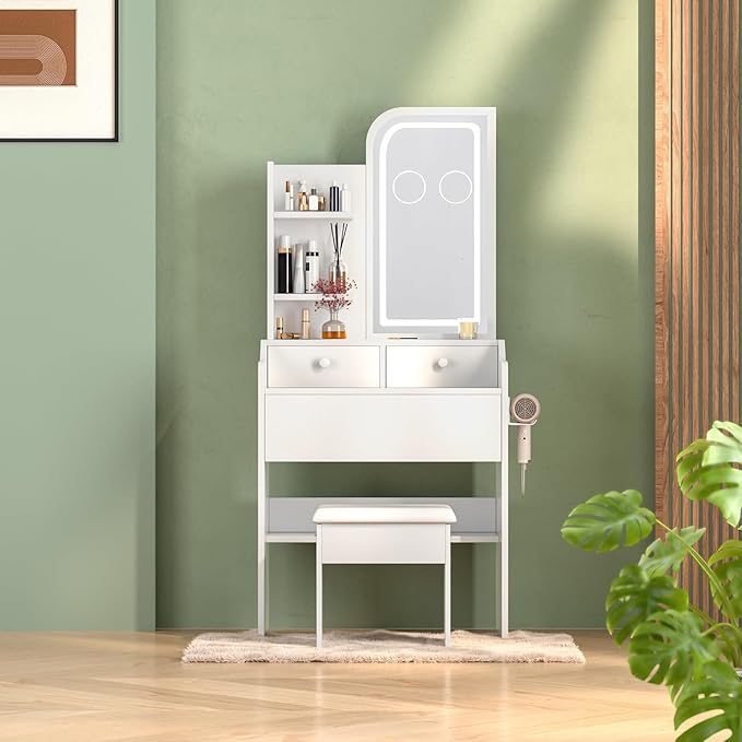 HOMEMORE Small Vanity Desk with Mirror and Lights, Makeup Vanity Desk with 3 Drawers & 3 Shelves, 2X & 5X Magnifying and Power Outlet, Dressing Table for Bedroom,White