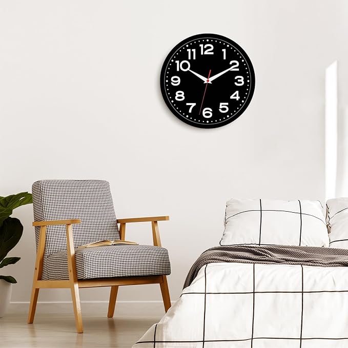 Wall Clock Silent Non-Ticking Modern Clock Battery Operated 10 Inch Small Classic Analog Decorative for Kitchen, Living Room, Office, Bedroom, Bathroom (Black Black)