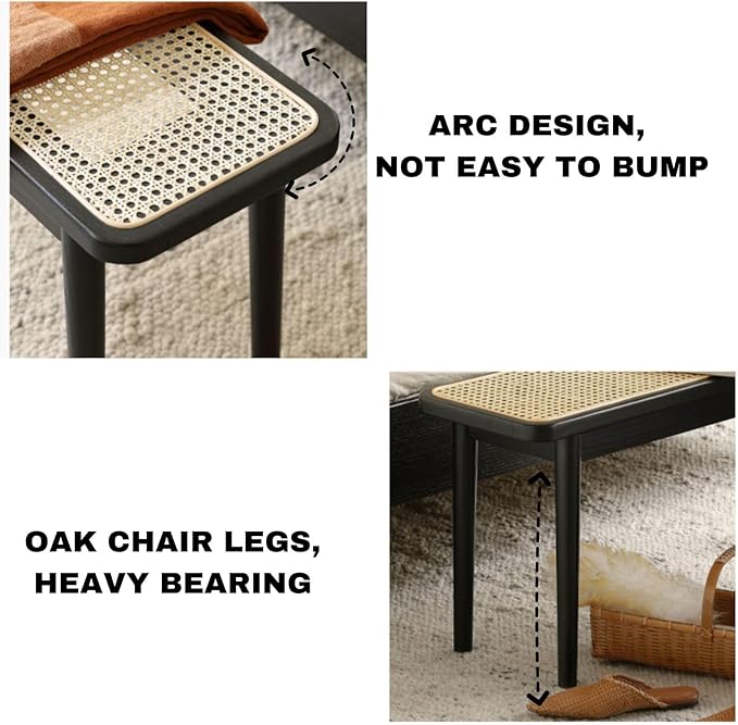 39.4'' Natural Rattan Dining Bench with 100% Solid Oak Wood Bench Frame, Bed End Shoe Ottoman for Kitchen Bedroom Entryway, Black