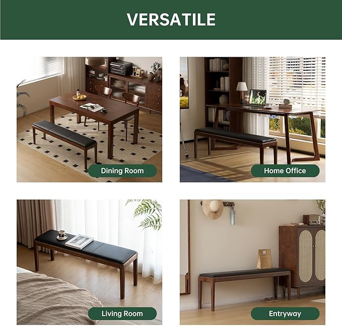 47.2'' Leather Upholstered Dining Bench with 100% Solid Oak Wood Bench Frame, 13.8'' Widened Padded Bed End Bench Ottoman for Kitchen Living Room Bedroom Entryway, Black