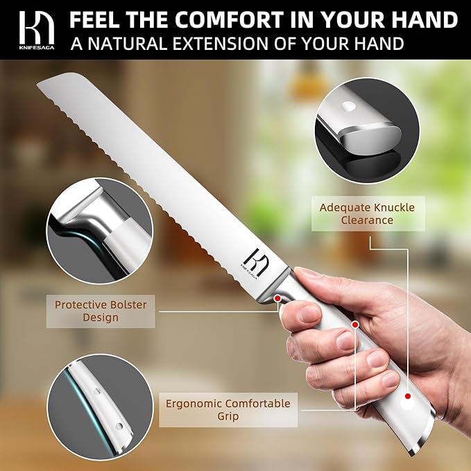 Bread Knife - 8 Inch Japanese Serrated Sourdough Bread Slicing Knife, High Carbon Stainless Steel, Razor Sharp, Ergonomic White Handle