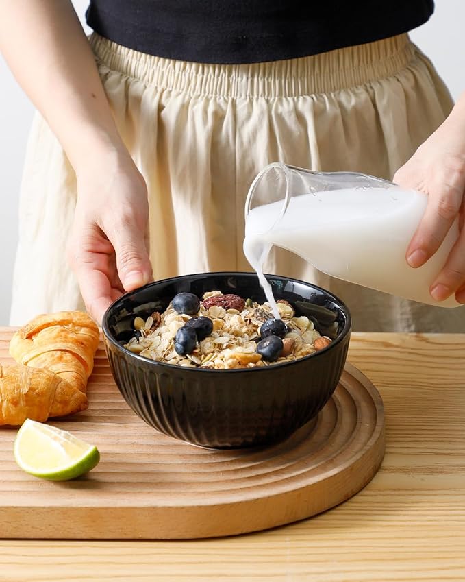 Hasense Soup Bowls Set Ceramic 24 Oz - 6 Inch Cereal Bowl Set of 6 for Kitchen,Modern Ribbed Black Porcelain Dishes for Entertaining,Soup,Oatmeal,Pasta,Cereal,Noodle - Dishwasher & Microwave Safe