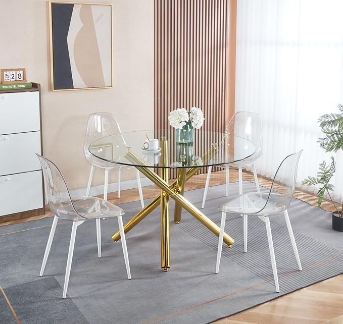 Round Glass Dining Table,Glass Dining Room Table with Tempered Glass Tabletop and Metal Legs, Modern Style Glass Kitchen Table for Home, Kitchen, Dining Room