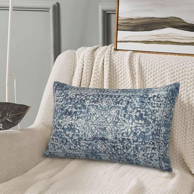 Navy Blue Boho Pillow Covers 12x20 Set of 2, Carpet Pattern Outdoor Decorative Throw Pillows Ethnic Rustic Farmhouse Cushion Cases Linen Gifts for Couch Sofa Decor