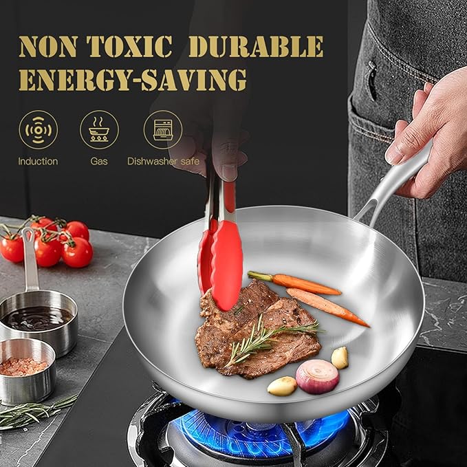12 Inch Tri-Ply Stainless Steel Frying Pan, Skillet, pan, Induction Cooking Pan, Dishwasher and Oven Safe, Fast & Even Heat, Heavy Duty and Detachable Handle，Fried steak&fried eggs