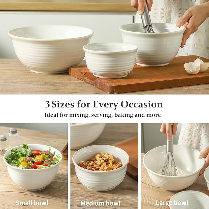 Hasense Mixing Bowls, Ceramic Serving Dishes for Cooking, Baking, Prepping, Nesting Bowls for Salads, Fruit, Popcorn, 2.1/1.5/1.0 Qt, Dishwasher & Microwave Safe, Clay-Infused White