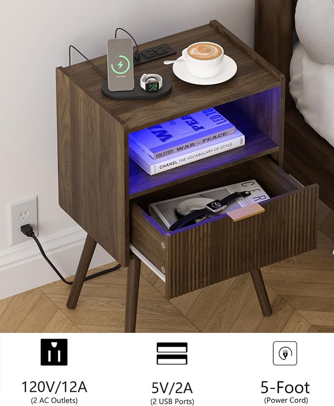 Nightstand, Modern Bedside Table with Charging Station and LED Lights, Night Stand with Storage Drawer and Solid Wood Legs