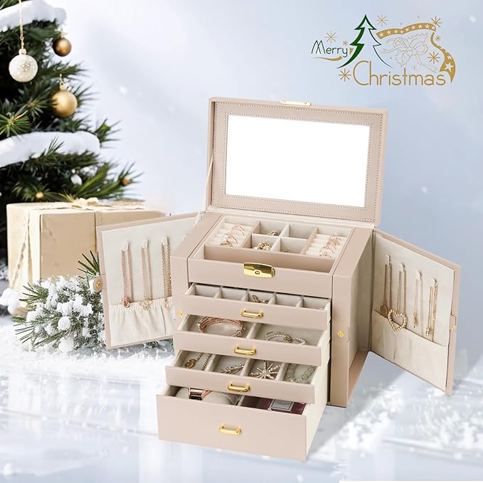 Jewelry Box for Women, 5-Layer Jewelry Organizers Box, Large Jewelry Storage Box for Girls, Jewelry Holder Organizers Gift for Valentine's Day, Christmas (Apricot)