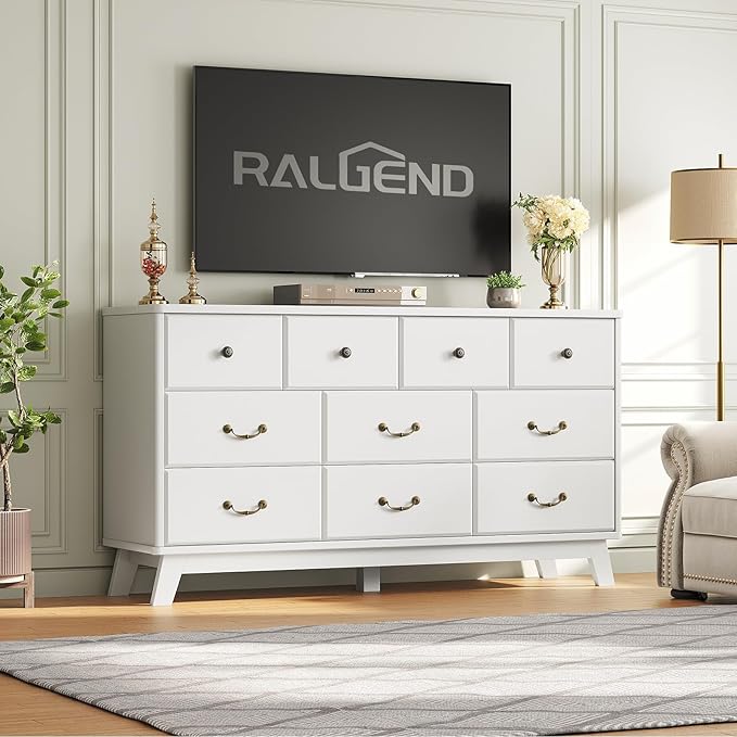 10 Drawer Dresser for Bedroom, 55.1" White Dresser & Chest of Drawers, Wooden Dressers with Vintage Metal Handle, Modern Storage Dressers TV Stand for Bedroom, Living Room, Hallway