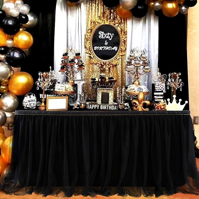 Suppromo 14 Black Tutu Table Skirt for Parties Ruffle Tulle Table Skirt for Black Gold Theme Birthday Party Graduation Wedding Baby Shower Decoraitons