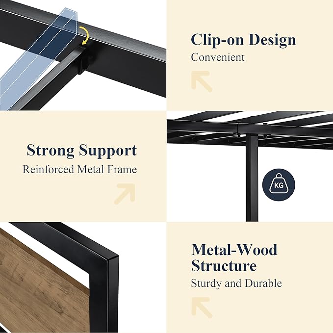 Allewie Full Bed Frame with Headboard, Heavy Duty Metal Platform Base with Strong Support, Underneath Storage Space, Stable Mattress Foundation, No Box Spring Needed, Brown