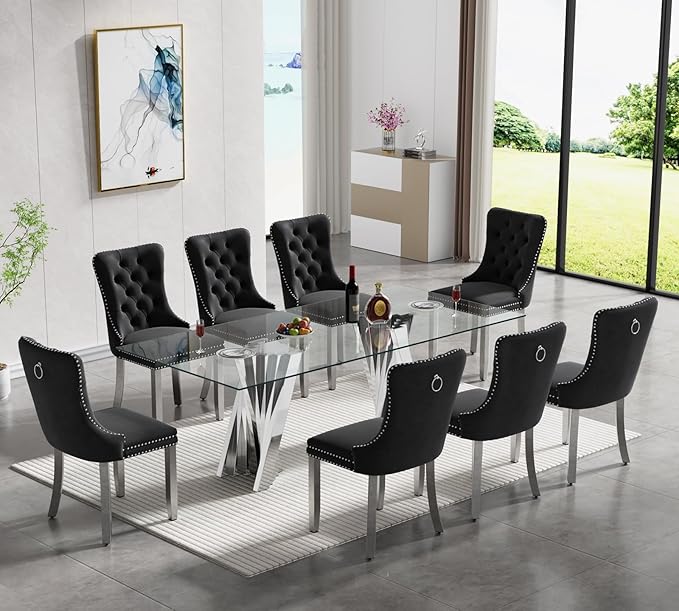 Goujxcy 70" Glass Dining Table Set for 8, Modern Silver Dining Table Set with 8 Black Velvet Upholstered Dining Chairs, 9 Piece Kitchen Dining Room Table Set with Stainless Steel Legs