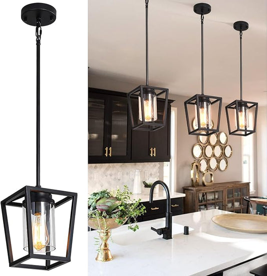 SGLfarmty 1-Light Black Pendant Lights Kitchen Island, Farmhouse Cage Metal Hanging Light Fixtures with Glass Shade，Adjustable Lantern Pendant Lighting for Dining Room, Entryway, Hallway